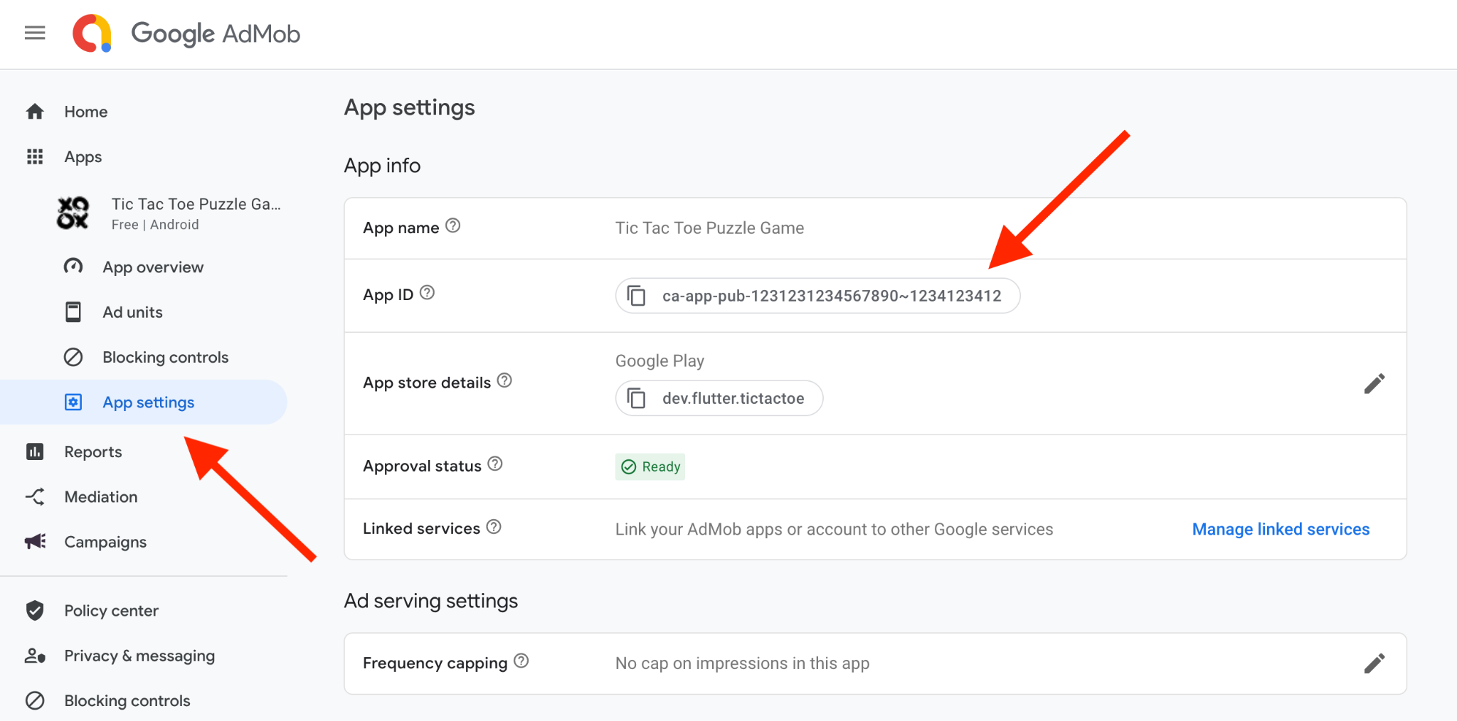AdMob 螢幕截圖,顯示 App ID 位置