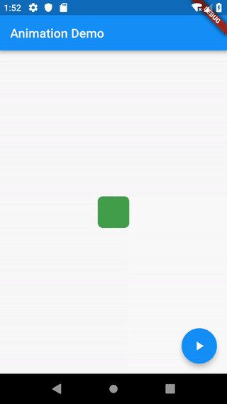 AnimatedContainer 範例展示一個方塊在變大變小的同時，顏色與圓角（border radius）也隨之變化