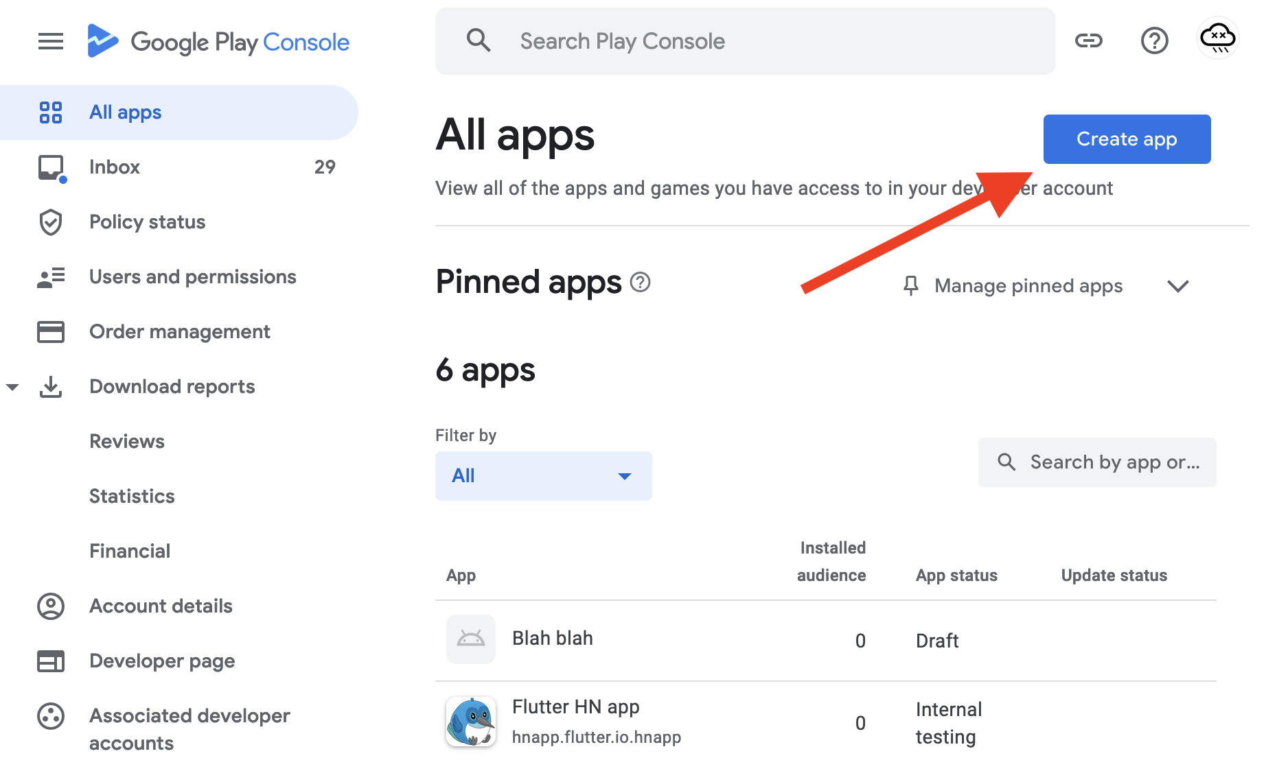 Google Play Console 中「建立應用程式」按鈕的截圖