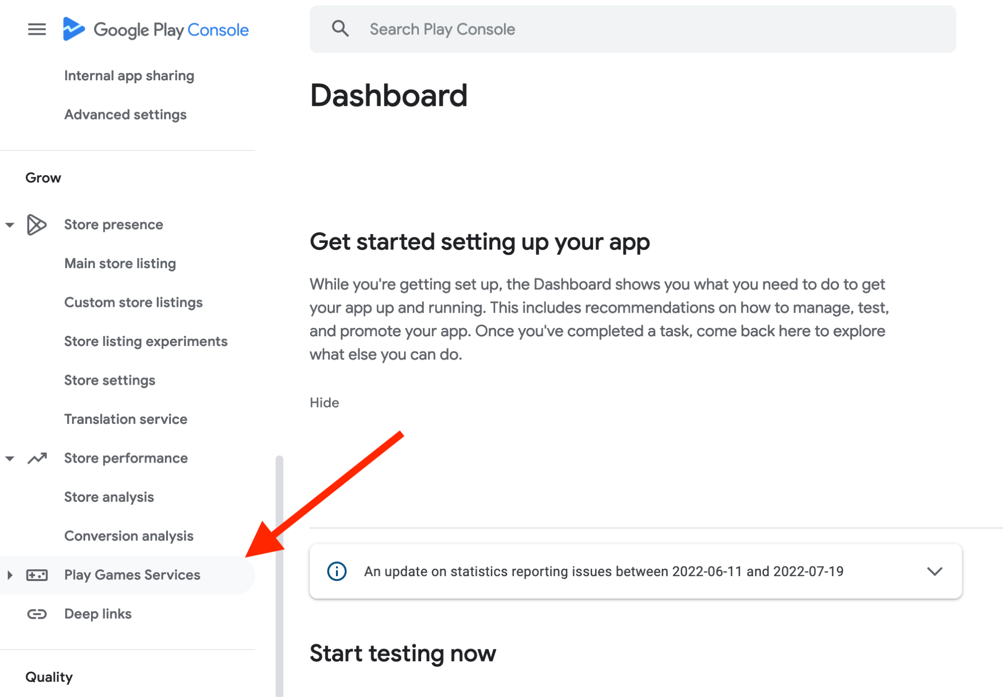 Google Play Console 中 Games Services 區塊的截圖