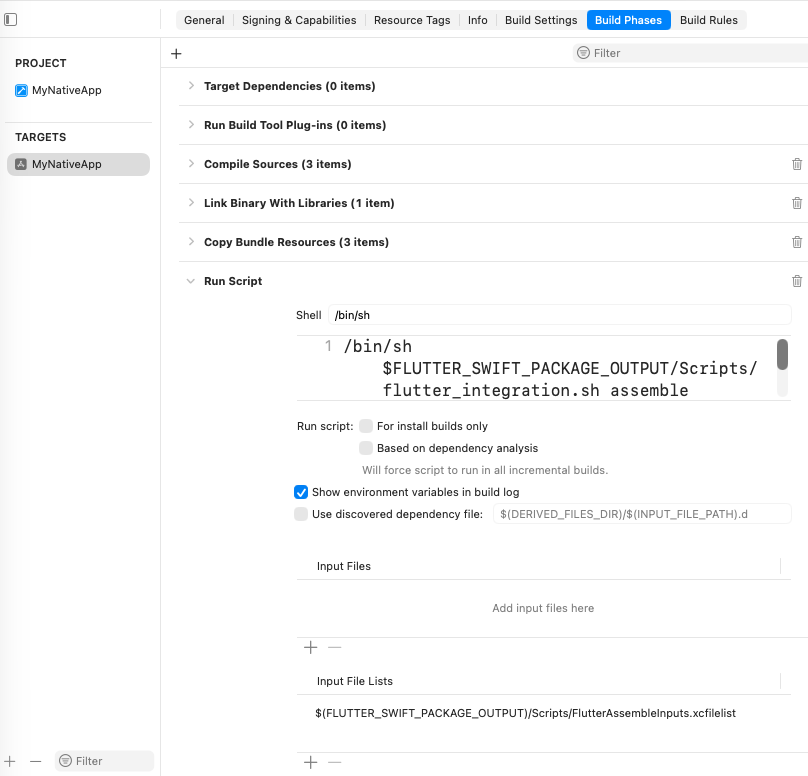 Build Phases 下的新 Run Script Build Phase。