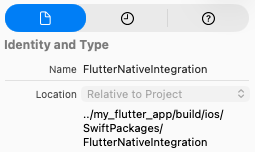 Xcode File inspector 中顯示的 FlutterNativeIntegration 相對位置。
