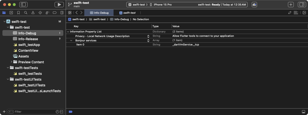 已加入 **Bonjour Services** 及 **Privacy - Local Network Usage Description** 鍵值的 `Info-Debug` 屬性清單