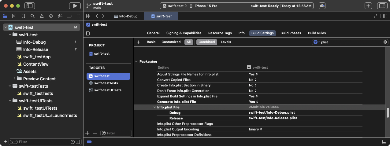 更新後的 **Info.plist File** build setting,顯示不同組態的設定