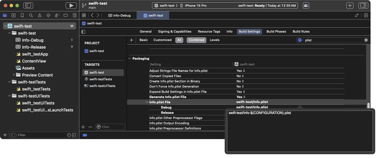 將 `Info.plist` build setting 更新為依建置模式使用專屬屬性清單