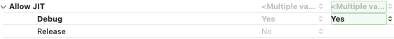 僅針對 **Debug** 設定,在目標的 **Build Settings** 中將 **Allow JIT** (RUNTIME_EXCEPTION_ALLOW_JIT) 設為 **YES**。