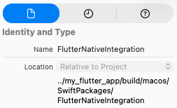 Xcode File inspector 中顯示的 FlutterNativeIntegration 相對位置。