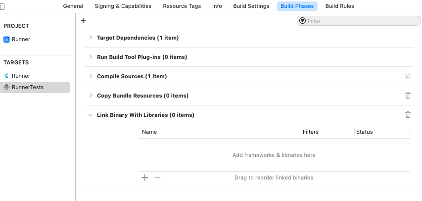 `Link Binary With Libraries` 建置階段於`RunnerTests`目標