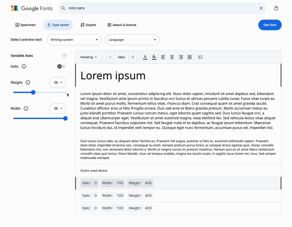 展示 Noto Sans 在 Lorem ipsum 文字下的多種變化