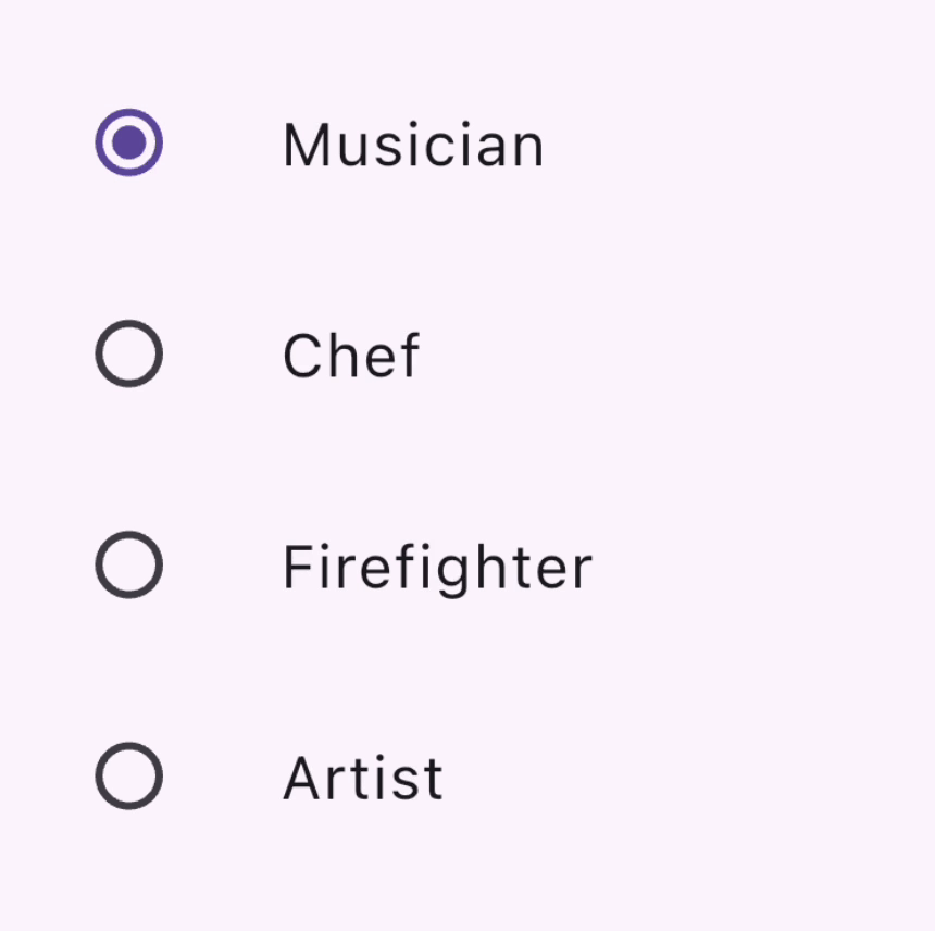 一個 GIF,顯示四個 ListTile 以直欄排列,每個都包含一個前置的 Radio 按鈕和標題文字。Radio 按鈕會依序從上到下被選取。