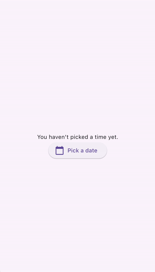一個 GIF,顯示指標點擊「Pick a time」按鈕後,彈出時間選擇器。時間選擇器顯示一個圓形時鐘,游標先移動時針,再移動分針,接著選擇 PM,最後點擊「OK」按鈕。