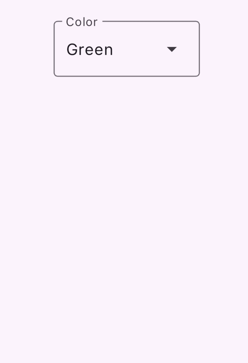 一個已被選取的 DropdownMenu 元件(Widget)的 GIF,顯示 5 個選項:Blue、Pink、Green、Orange 和 Grey。每個選項的文字以其對應的顏色顯示。