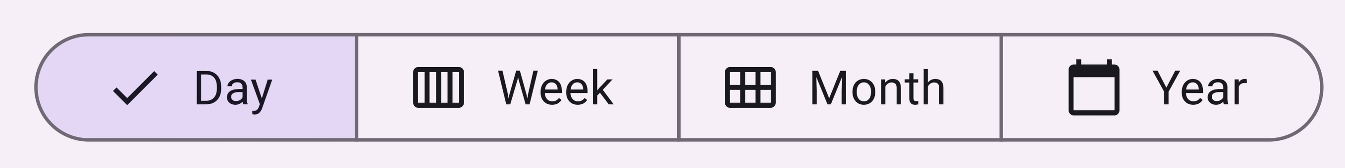 一個 SegmentedButton 的 GIF,包含 4 個區段:Day、Week、Month 和 Year。
每個區段都有一個日曆圖示和文字標籤。
先選擇 Day,接著選擇 week 和 month,最後選擇 year。