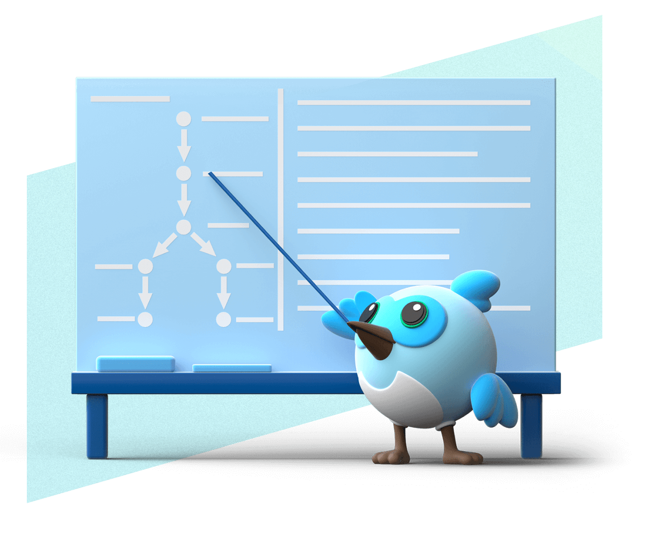 An image of Dash in front of a blackboard.