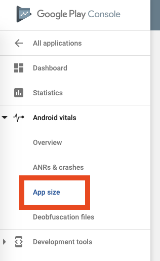 Google Play Console 中的 App size 分頁