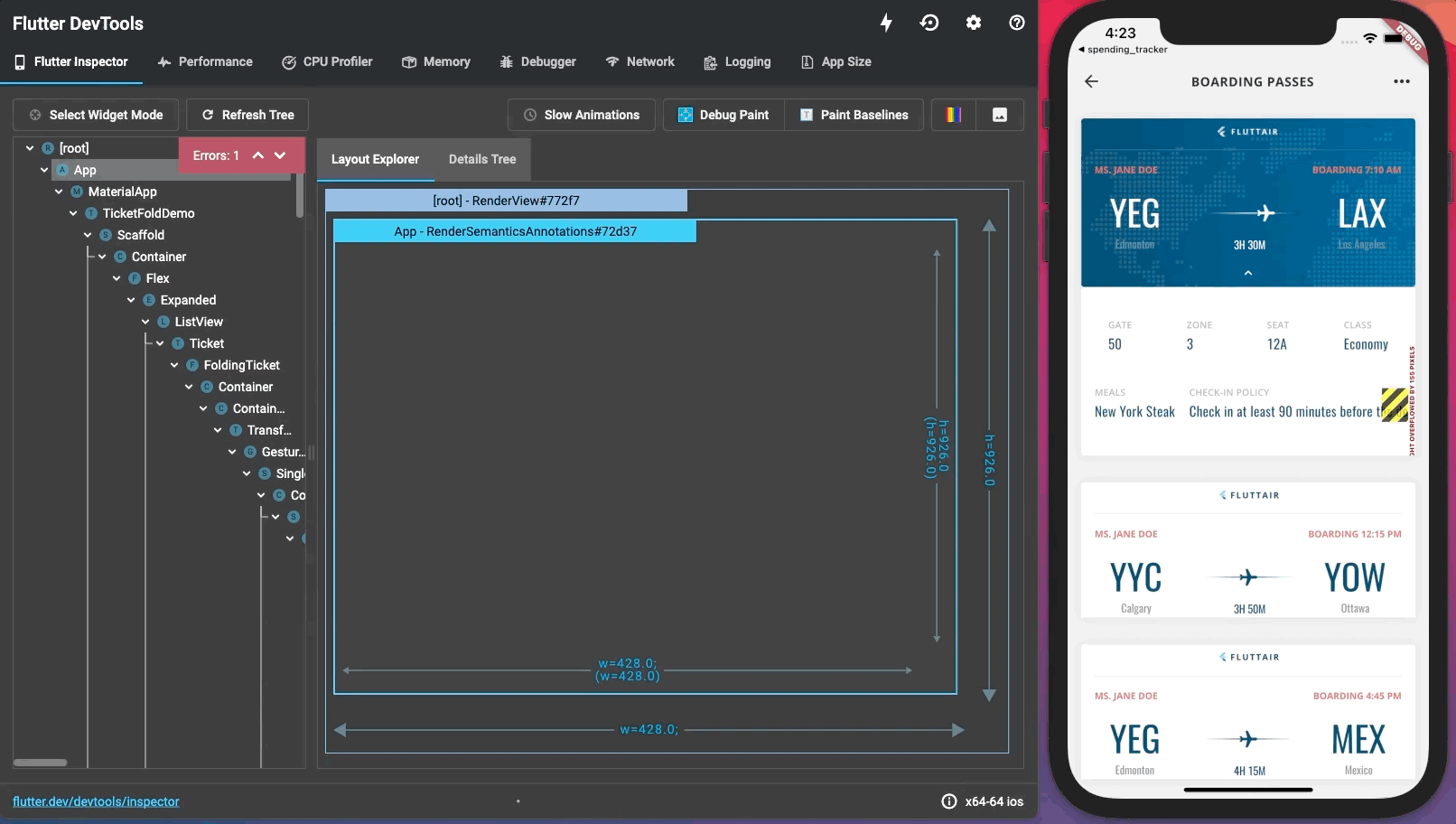 Layout Explorer 顯示錯誤與裝置 Inspector