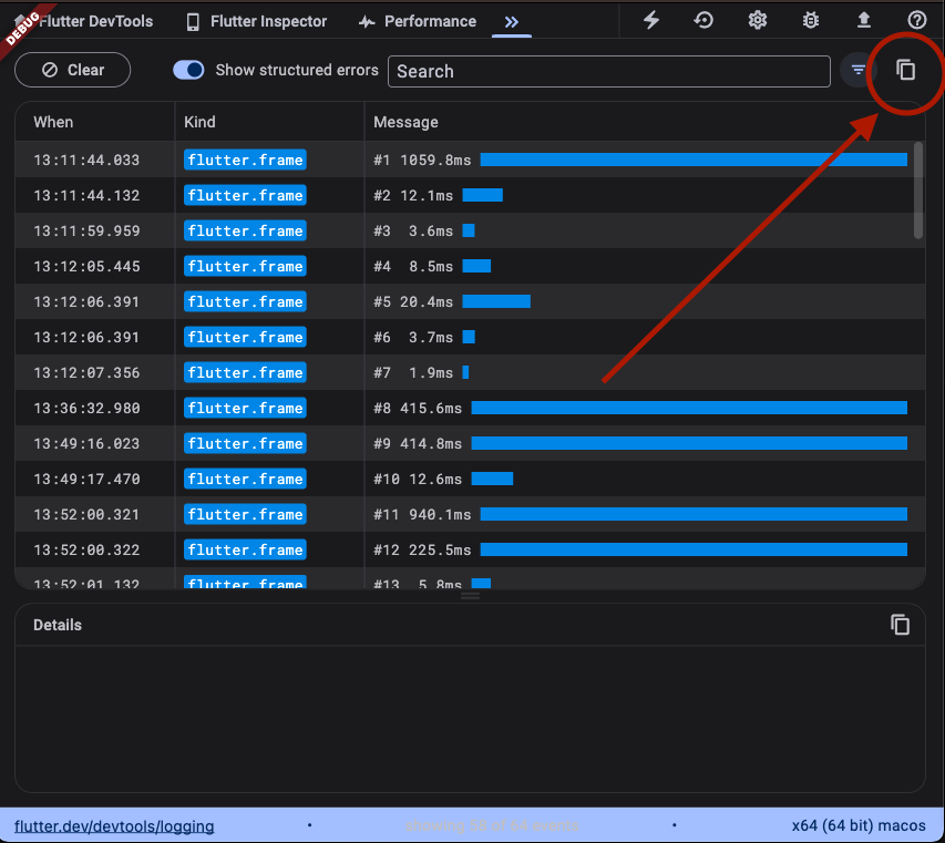 The Logging view copy button Logging 檢視畫面中篩選工具右側的複製按鈕