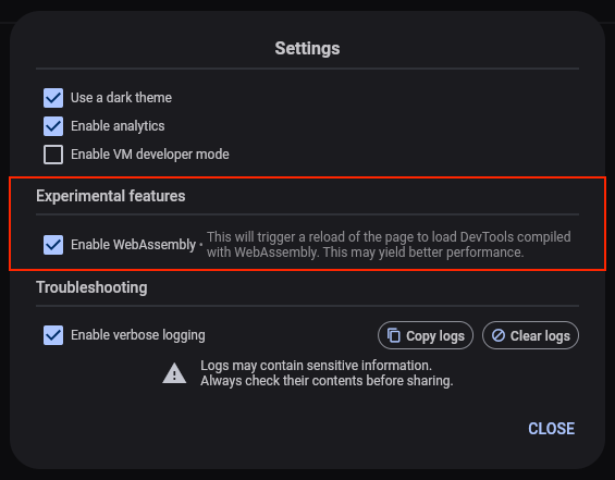DevTools setting to opt into wasm. Wasm opt-in setting