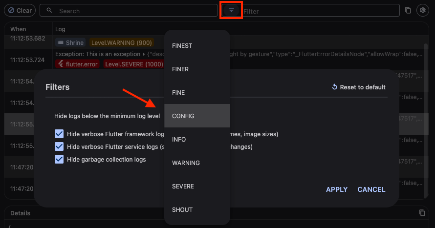 Log level filter Log level filter