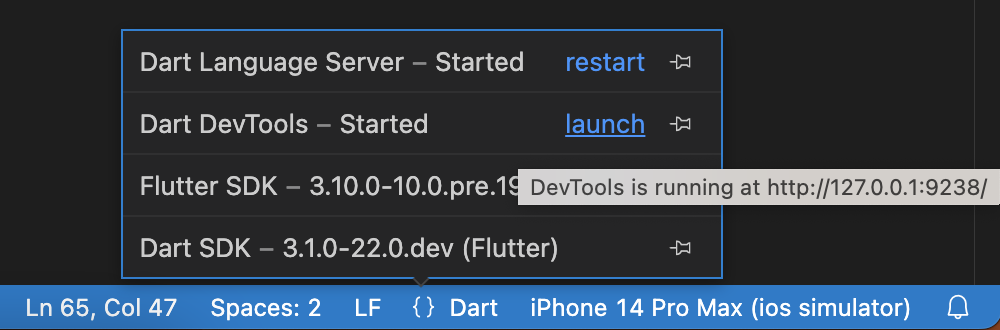 顯示 DevTools 在 VS Code 語言狀態區的螢幕截圖